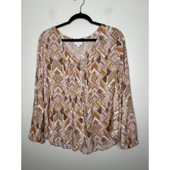 J. Jill Brown Pink Geometric Long Sleeve Blouse Top Size PL Petite Large - Picture 1 of 9